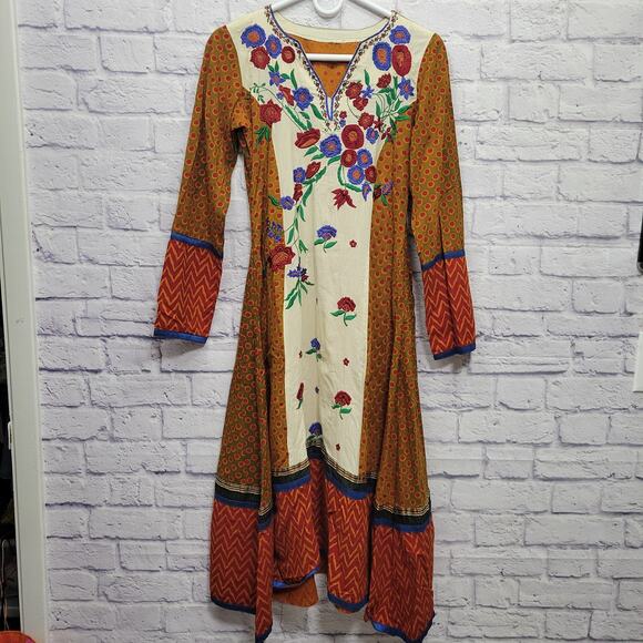 Vintage Handmade Peasant Dress Size S Embroidered Boho Floral Cottage Flare Midi - Picture 1 of 9